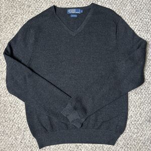 Vintage Polo Ralph Lauren 100% Wool Sweater Men’s V Neck  Large Dark Gray/Black